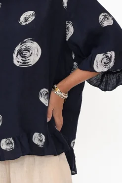 Linen Tops<Cali and Co Fitzgerald Navy Spot Linen Frill Top