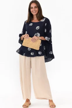 Linen Tops<Cali and Co Fitzgerald Navy Spot Linen Frill Top