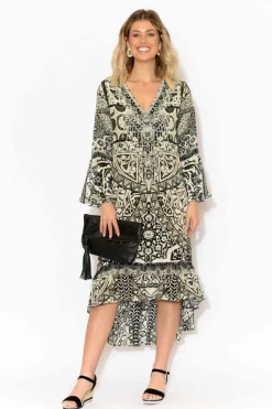 Below Knee Dresses<Fashion Spectrum Flora Grey Silk Frill Dress