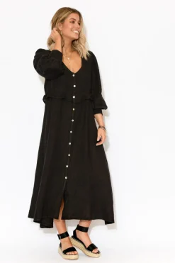 Linen Dresses<Puro Lino Frankie Black Linen Button Dress