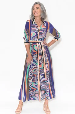 Maxi Dresses<Inoa Freya Cobalt Ripple Silk Shirt Dress