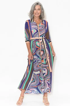 Maxi Dresses<Inoa Freya Cobalt Ripple Silk Shirt Dress