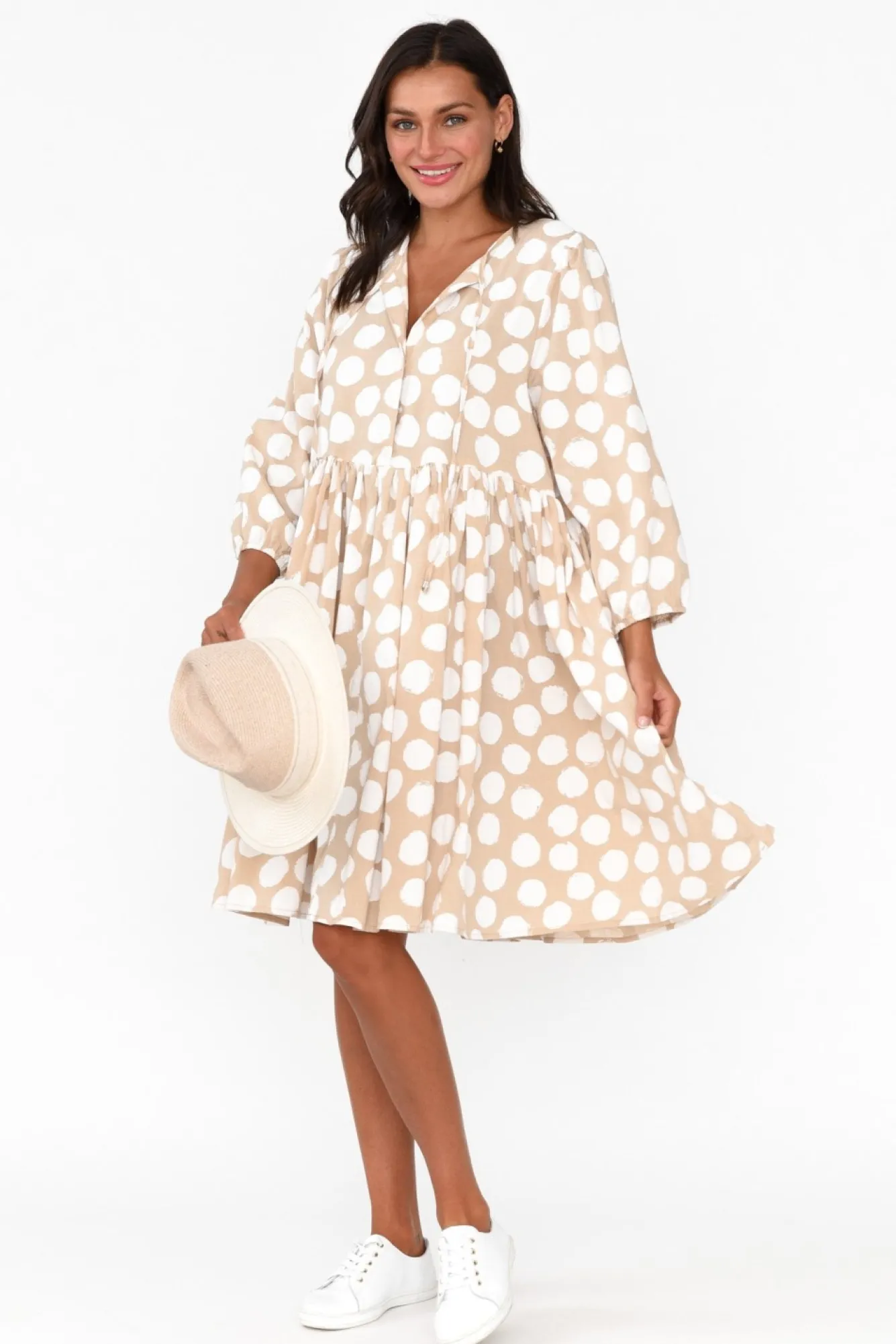 Cotton Dresses<Cali and Co Frieda Beige Spot Cotton Tie Dress