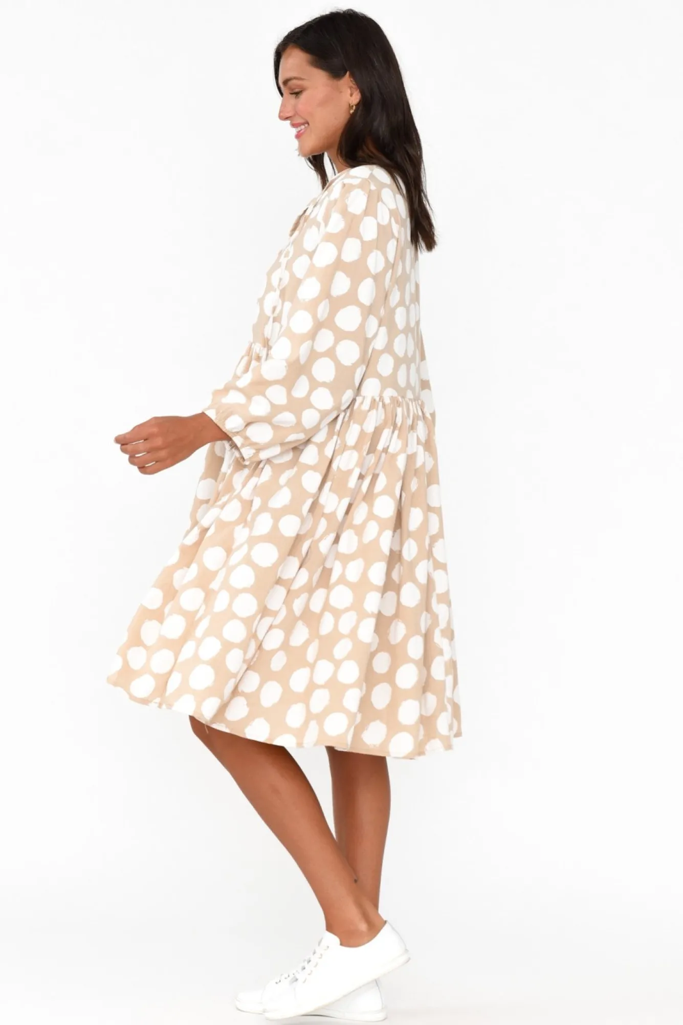 Cotton Dresses<Cali and Co Frieda Beige Spot Cotton Tie Dress