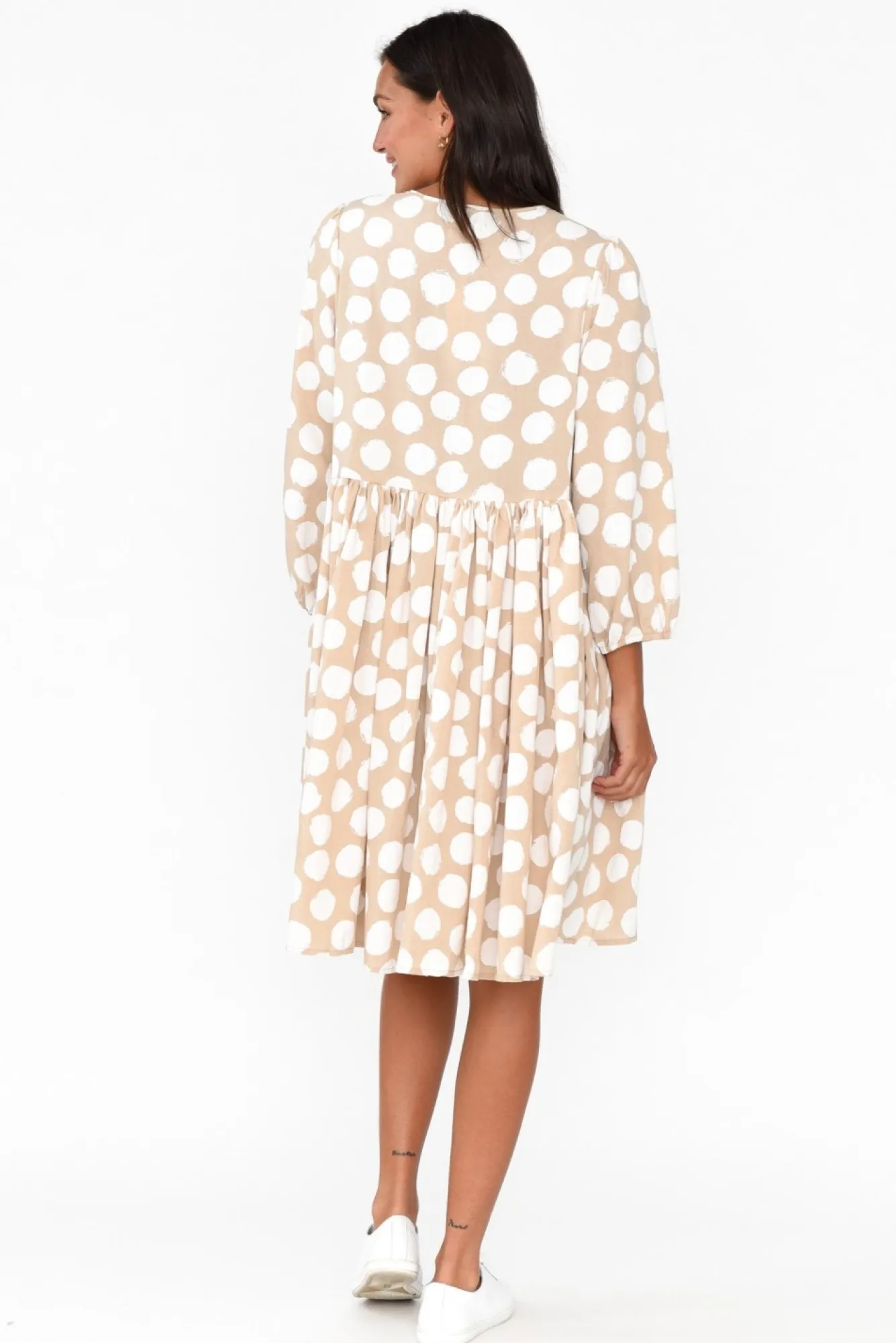 Cotton Dresses<Cali and Co Frieda Beige Spot Cotton Tie Dress