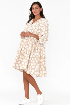 Cotton Dresses<Cali and Co Frieda Beige Spot Cotton Tie Dress