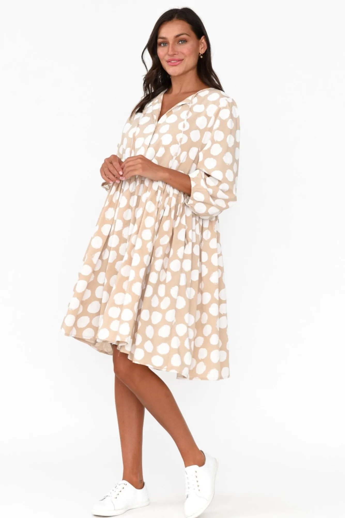 Cotton Dresses<Cali and Co Frieda Beige Spot Cotton Tie Dress