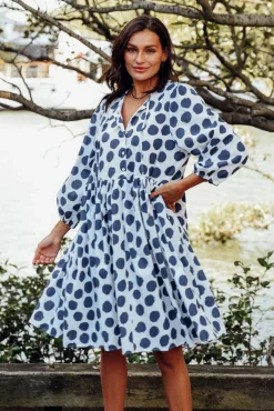 Cotton Dresses<Cali and Co Frieda Navy Spot Cotton Tie Dress