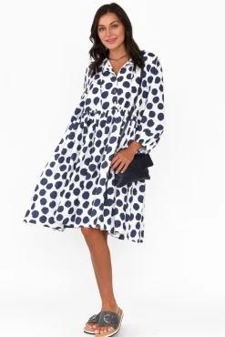 Cotton Dresses<Cali and Co Frieda Navy Spot Cotton Tie Dress