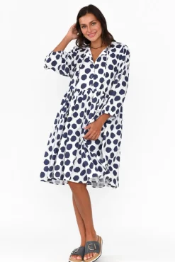 Cotton Dresses<Cali and Co Frieda Navy Spot Cotton Tie Dress
