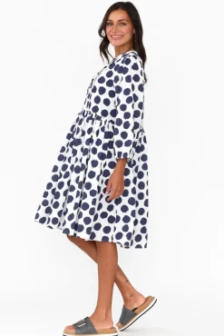 Cotton Dresses<Cali and Co Frieda Navy Spot Cotton Tie Dress