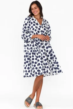 Cotton Dresses<Cali and Co Frieda Navy Spot Cotton Tie Dress