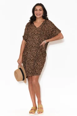 Above Knee Dresses<Red Lotus Gaby Leopard Drape Tee Dress