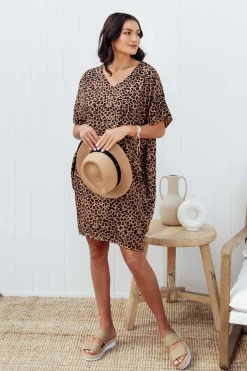 Above Knee Dresses<Red Lotus Gaby Leopard Drape Tee Dress