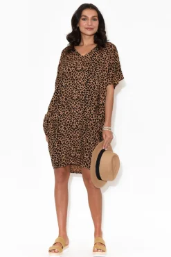 Above Knee Dresses<Red Lotus Gaby Leopard Drape Tee Dress