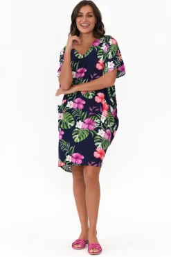 Above Knee Dresses<Red Lotus Gaby Navy Tropical Drape Tee Dress