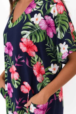 Above Knee Dresses<Red Lotus Gaby Navy Tropical Drape Tee Dress