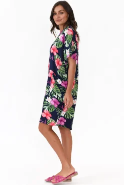 Above Knee Dresses<Red Lotus Gaby Navy Tropical Drape Tee Dress
