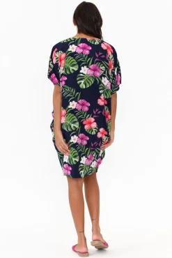Above Knee Dresses<Red Lotus Gaby Navy Tropical Drape Tee Dress