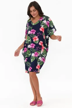 Above Knee Dresses<Red Lotus Gaby Navy Tropical Drape Tee Dress