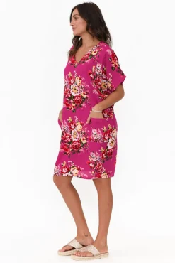 Above Knee Dresses<Red Lotus Gaby Pink Bloom Drape Tee Dress