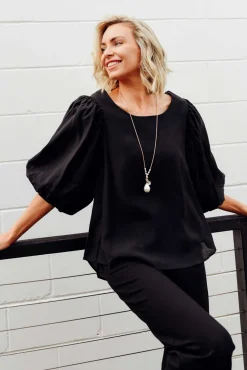 Sleeved Tops<Cali and Co Gallagher Black Cotton Puff Sleeve Top