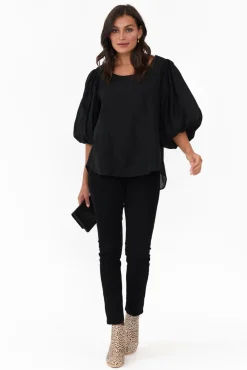 Sleeved Tops<Cali and Co Gallagher Black Cotton Puff Sleeve Top