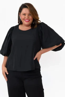 Sleeved Tops<Cali and Co Gallagher Black Cotton Puff Sleeve Top