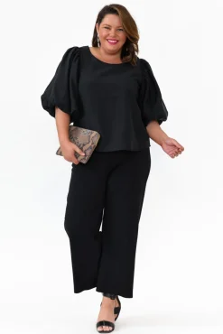 Sleeved Tops<Cali and Co Gallagher Black Cotton Puff Sleeve Top