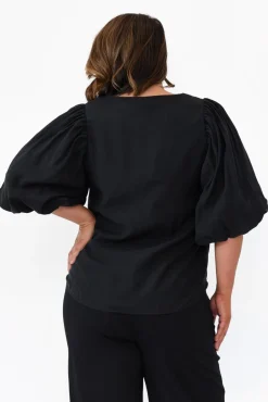 Sleeved Tops<Cali and Co Gallagher Black Cotton Puff Sleeve Top