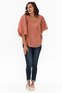 Cotton Tops<Cali and Co Gallagher Rust Cotton Puff Sleeve Top
