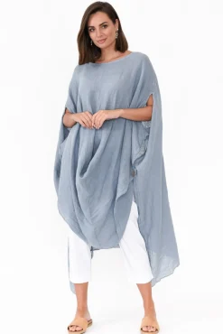 Linen Tops<Donna Donna Genesia Blue Linen Kaftan Tunic