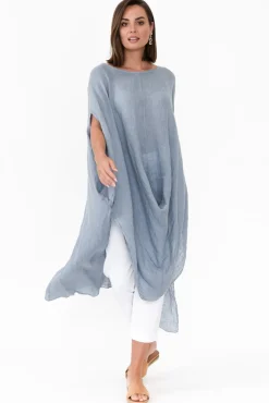 Linen Tops<Donna Donna Genesia Blue Linen Kaftan Tunic