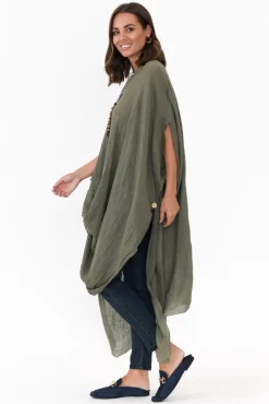 Linen Tops<Donna Donna Genesia Khaki Linen Kaftan Tunic