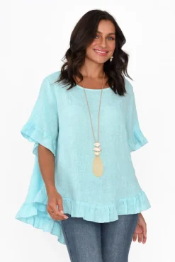 Sleeved Tops<Cali and Co Genevieve Aqua Linen Frill Top