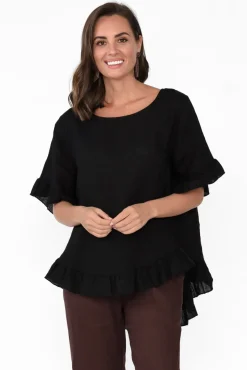 Linen Tops<Cali and Co Genevieve Black Linen Frill Top