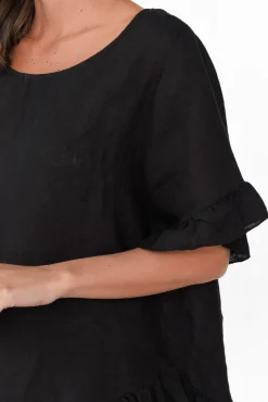 Linen Tops<Cali and Co Genevieve Black Linen Frill Top
