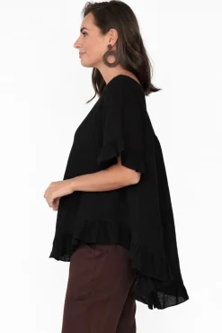 Linen Tops<Cali and Co Genevieve Black Linen Frill Top
