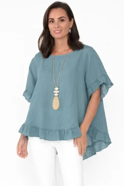 Linen Tops<Cali and Co Genevieve Blue Linen Frill Top