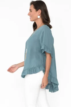 Linen Tops<Cali and Co Genevieve Blue Linen Frill Top