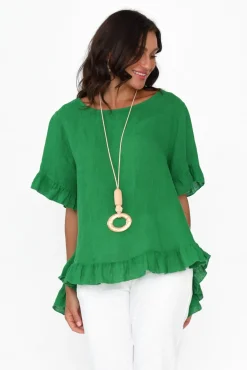 Sleeved Tops<Cali and Co Genevieve Green Linen Frill Top