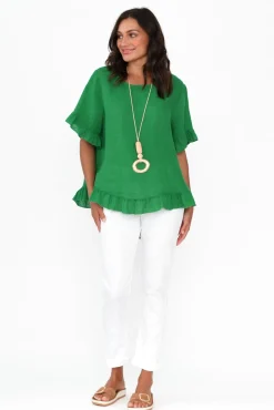 Sleeved Tops<Cali and Co Genevieve Green Linen Frill Top