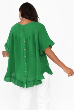 Sleeved Tops<Cali and Co Genevieve Green Linen Frill Top
