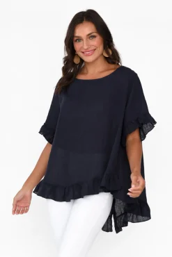 Linen Tops<Cali and Co Genevieve Navy Linen Frill Top
