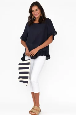 Linen Tops<Cali and Co Genevieve Navy Linen Frill Top