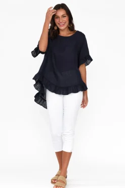 Linen Tops<Cali and Co Genevieve Navy Linen Frill Top