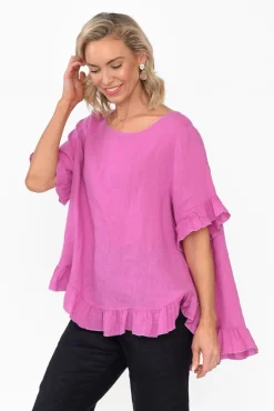 Sleeved Tops<Cali and Co Genevieve Pink Linen Frill Top