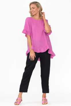 Sleeved Tops<Cali and Co Genevieve Pink Linen Frill Top