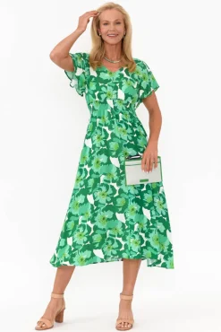 Midi Dresses<Slate the Label Georgette Green Floral Swing Dress