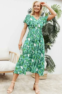 Midi Dresses<Slate the Label Georgette Green Floral Swing Dress